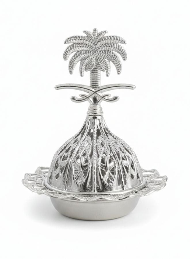 مبخرة بخور بتصميم عربي فاخر – مبخرة معدنية مزخرفة من الحديد عالي الجودة مع غطاء قابل للإزالة – لتعطير الجو ونشر الروائح العطرية بالتساوي – قطعة ديكور فاخرة للمنازل والمناسبات – هدية مثالية للأصدقاء والعائلة-فضية - Image 1